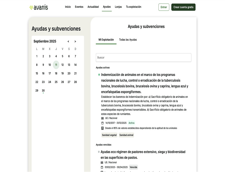 Vista de Ayudas y subvenciones